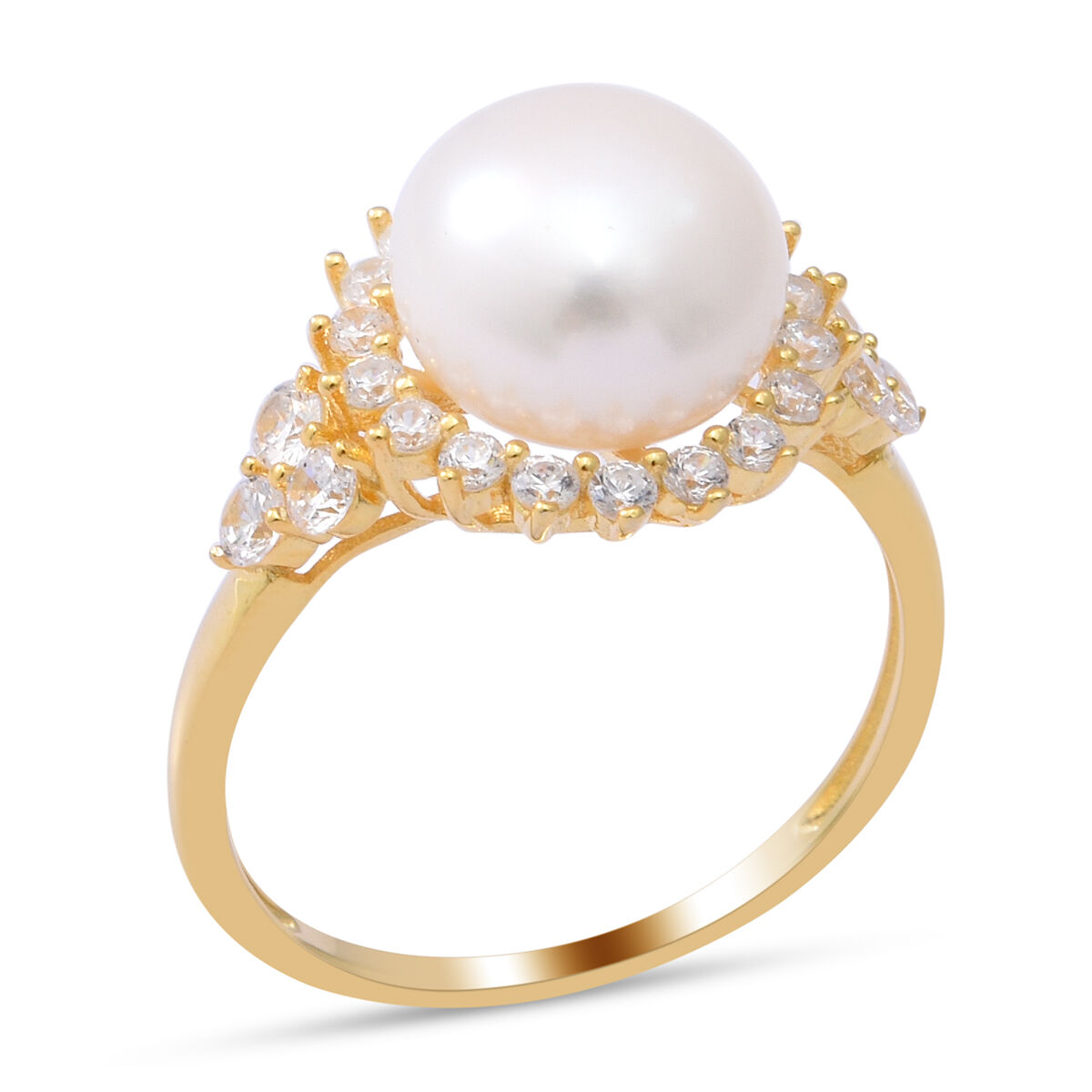 Solitaire White Pearl Ring Women Sterling Silver Yellow Gold Plated TJC 