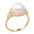 Freshwater Pearl and Simulated Diamond Ring (Size J) in Yellow Gold Overlay Sterling Silver