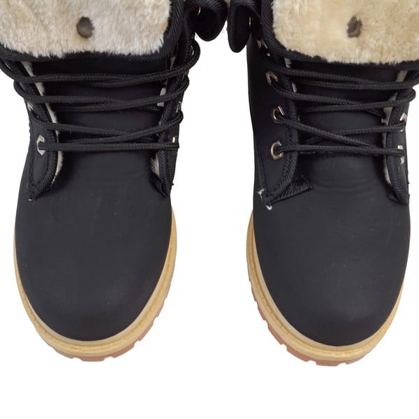 Womens Flat Fur Lined Grip Sole Winter Army Combat Ankle Boots (Size 3) - Black