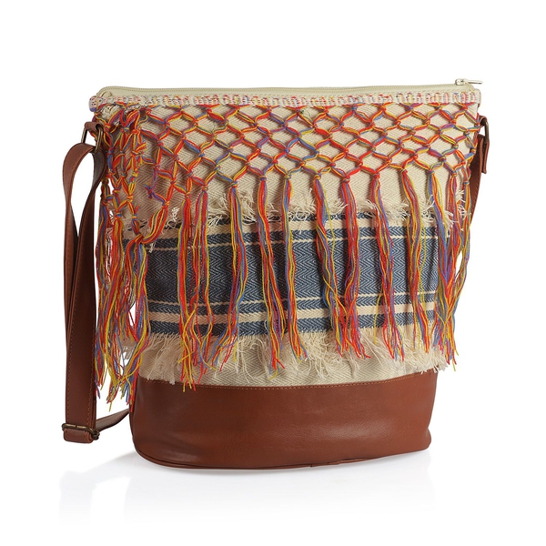 Blue, Off White and Chocolate Colour Cotton Bucket Bag with Multi Colour Tassel and Adjustable Shoul