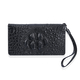 Genuine Leather Croc Embossed Wallet with Zipper Closure - Black