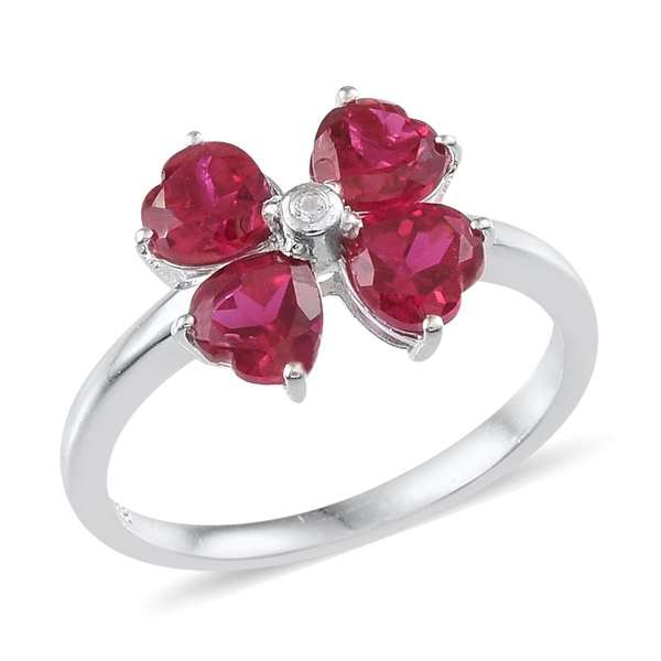 Simulated Ruby (Hrt), White Topaz Floral Ring in Sterling Silver 2.500 Ct.