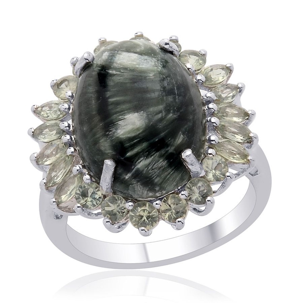 Siberian Seraphinite (Ovl 7.00 Ct) Green Sapphire Ring in Platinum Overlay Sterling Silver  8.500 Ct