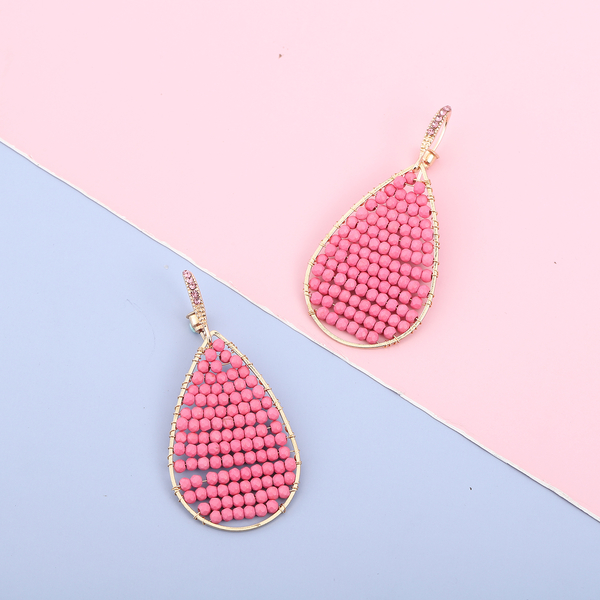Pink Howlite and Pink Austrian Crystal Bead Teal Drop Dangling Hook Earrings (with Push Back) in Yellow Gold Tone