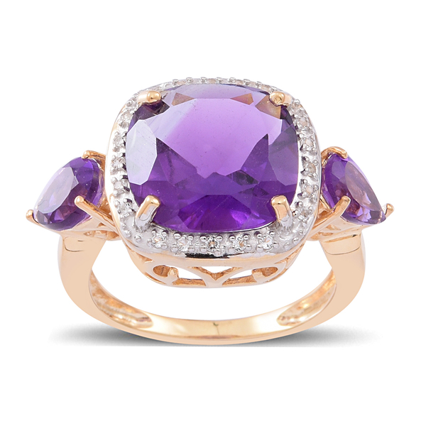 Amethyst (Cush 6.00 Ct), White Topaz Ring in 14K Gold Overlay Sterling Silver 7.250 Ct.