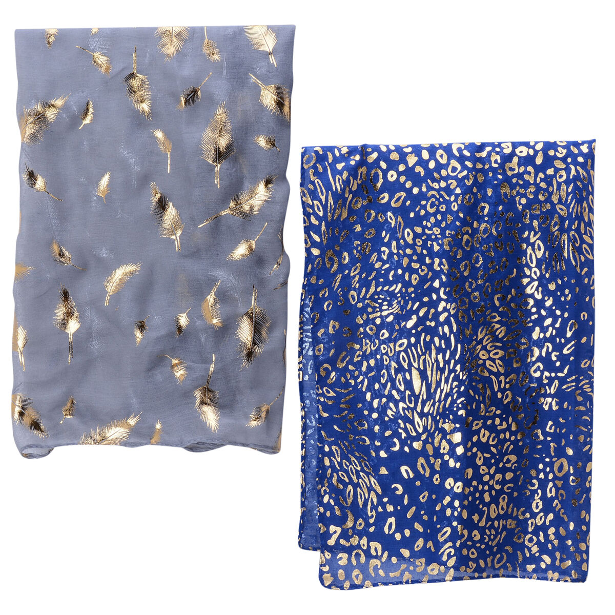 Set of 2 - Leopard Pattern Royal Blue Colour and Golden Leaves Pattern Grey Colour Scarf with a Hanger (Size 175x65 Cm)