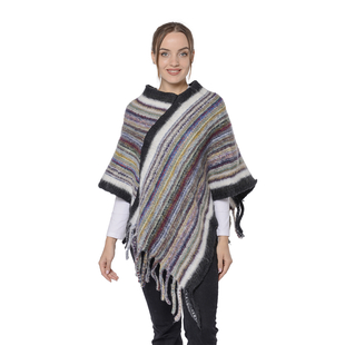 Women Ethnic Stripe Pattern Poncho with Tassel (90X80cm+15cm) - Black