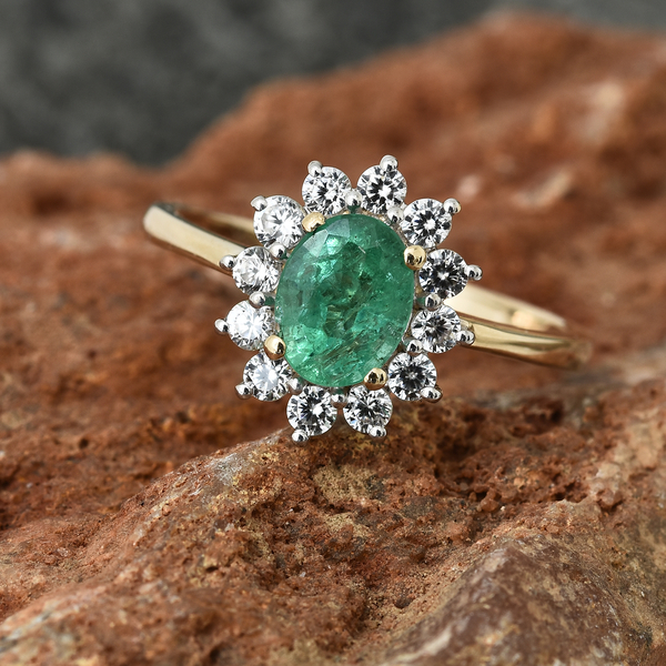 Limited Edition- 9K Yellow Gold AAA Kagem Zambian Emerald and Natural Cambodian Zircon Halo Ring 1.50 Ct