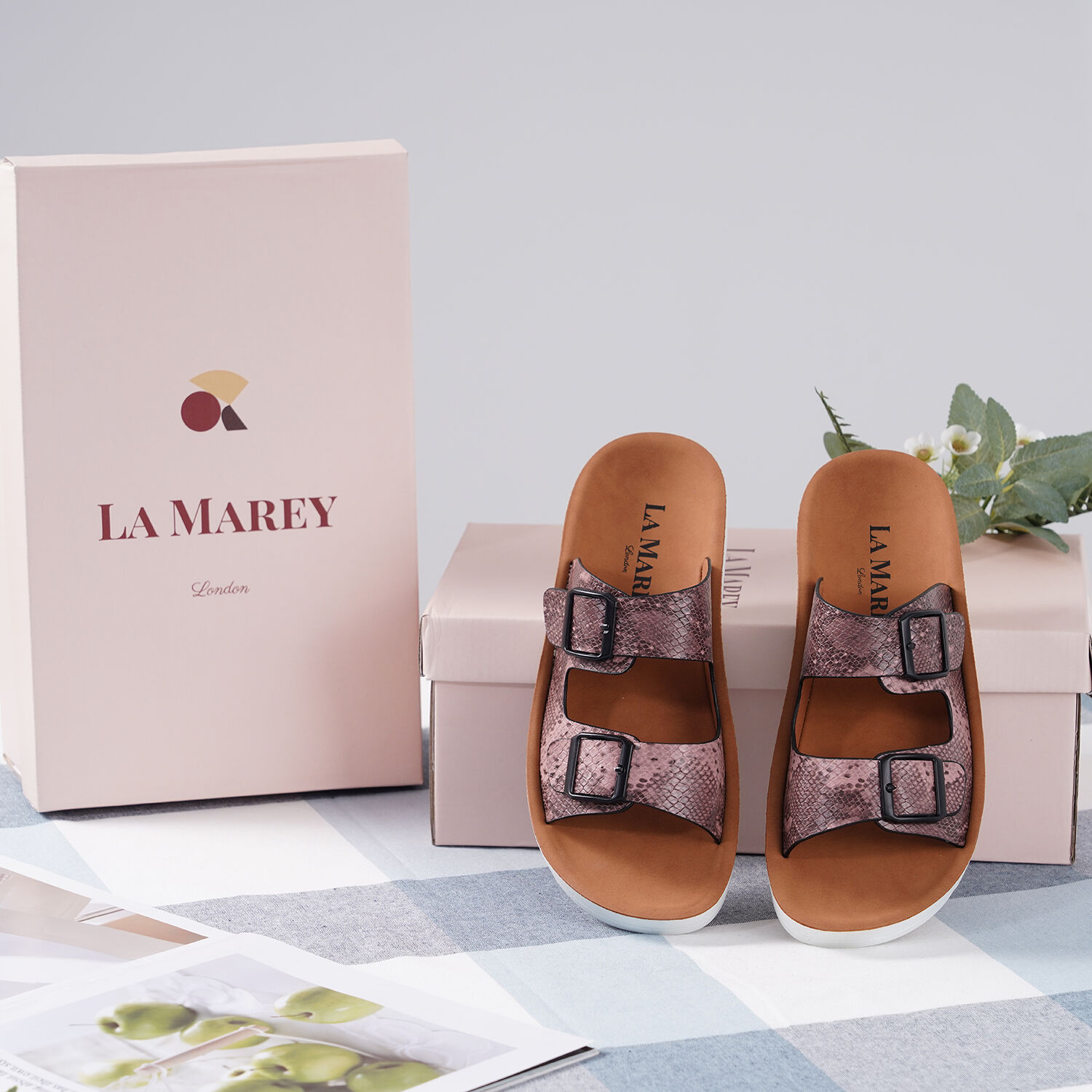 LA MAREY Snake Skin Pattern Two Strap Slip on Sandal - Pink