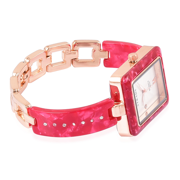 STRADA Japanese Movement White Austrian Crystal Studded Dial Watch in Rose Gold Tone with Red Colour Strap