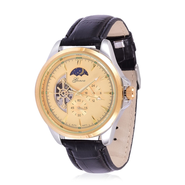 GENOA Automatic Skeleton Golden Dial Water Resistant Watch in Gold Tone with Stainless Steel Back an