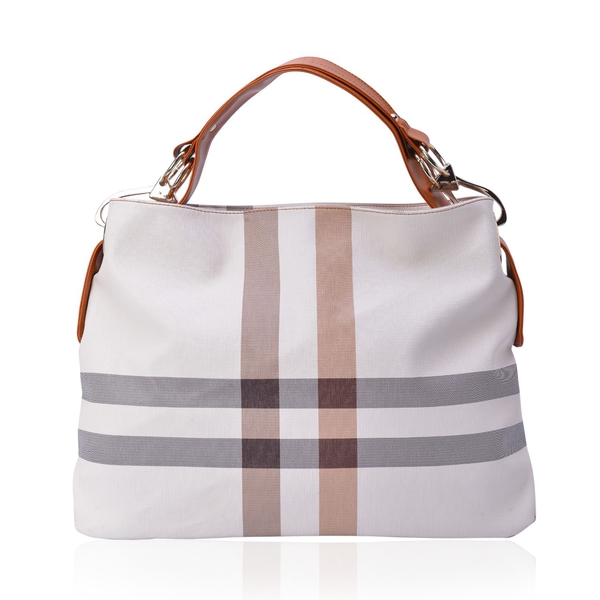 Cream Colour Checks Pattern White Colour Handbag (Size 43x32.5x12 Cm)