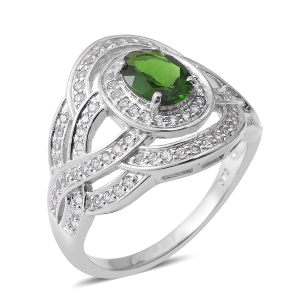 3.08 Ct  Diopside and White Topaz Halo Ring in Rhodium Plated Silver 5.10 Grams