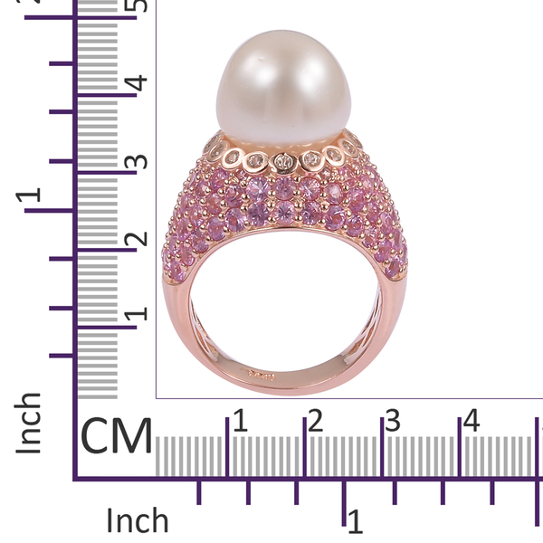 Designer Inspired- South Sea White Pearl (11mm- 12mm), Natural White Cambodian Zircon and Pink Sapphire (4.00 Cts ) Ring in 14K Rose Gold Overlay Sterling Silver, Silver wt 7.11 Gms.