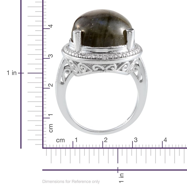 Labradorite (Pear 14.00 Ct), Diamond Ring in Platinum Overlay Sterling Silver 14.020 Ct.