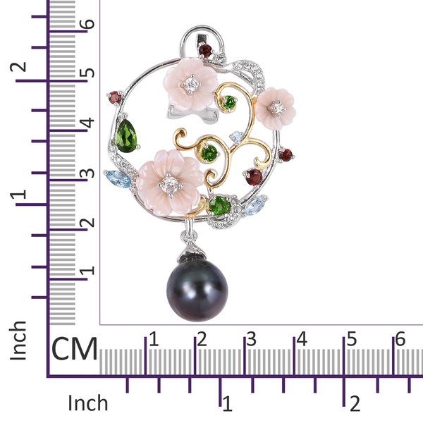 JARDIN COLLECTION - Tahitian Baroque Pearl, Pink Mother of Pearl, Chrome Diopside and Multi Gemstone Floral Earrings (with French Clasp) in Rhodium and Gold Overlay Sterling Silver 7.80 Gms
