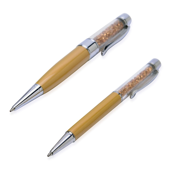 Set of 2 - Golden Crystals filled Golden Colour Pen (Black Ink), 1 Pen with 16GB USB and 2 Extra Refills (Blue Ink) in a Box