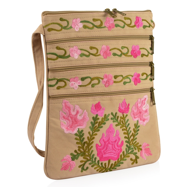 Beige, Green and Pink Colour Hand Embroidered Floral and Leaves Pattern Sling Bag with External Zipper Pocket (Size 26X22 Cm)