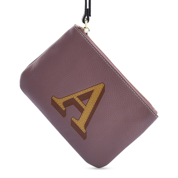 100% Genuine Leather Alphabet A RFID Protected Wristlet with Engraved Message on Back Side (Size 18x12 Cm) - Purple