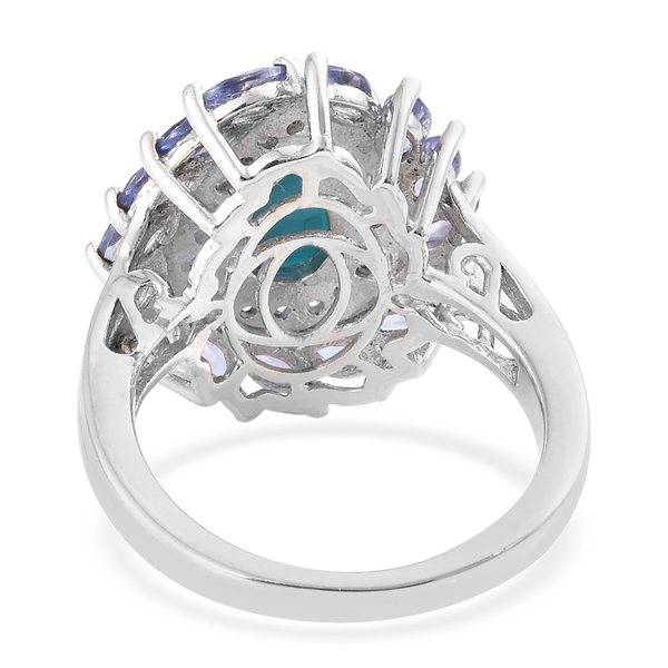 Arizona Sleeping Beauty Turquoise (Pear), Tanzanite and Natural White Cambodian Zircon Ring in Platinum Overlay Sterling Silver 2.250 Ct