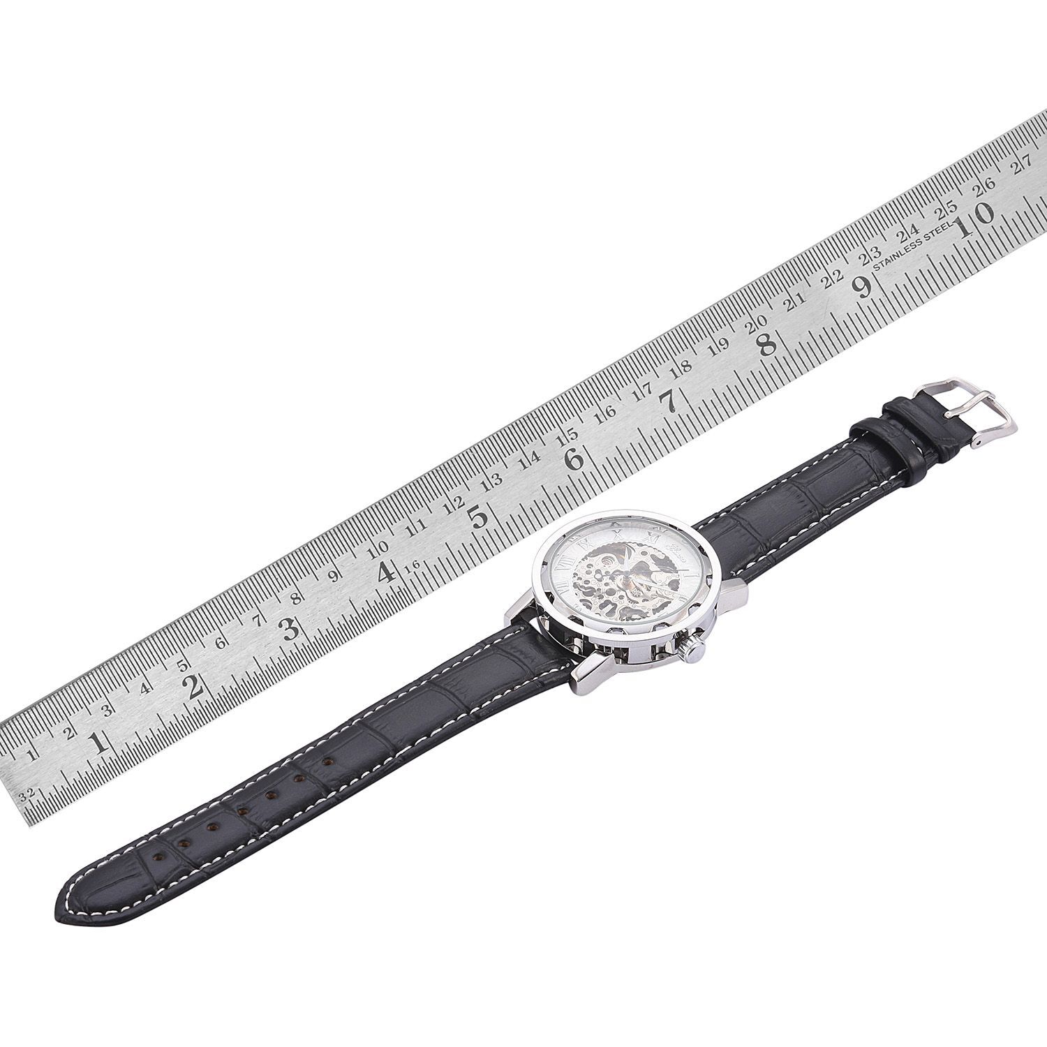 GENOA Automatic Skeleton White Dial Water Resistant Watch in ION Plated Silver with Stainless Steel Back and Black Strap