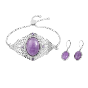 2 Piece Set - Amethyst and Purple Crystal Adjustable Bracelet (Size 6.5 - 9.5) and Lever Back Earrin