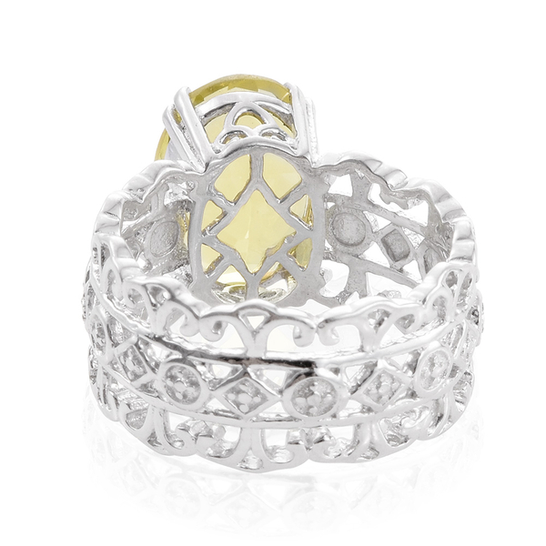 Natural Green Gold Quartz (Ovl) Solitaire Ring in Platinum Overlay Sterling Silver 5.750 Ct.