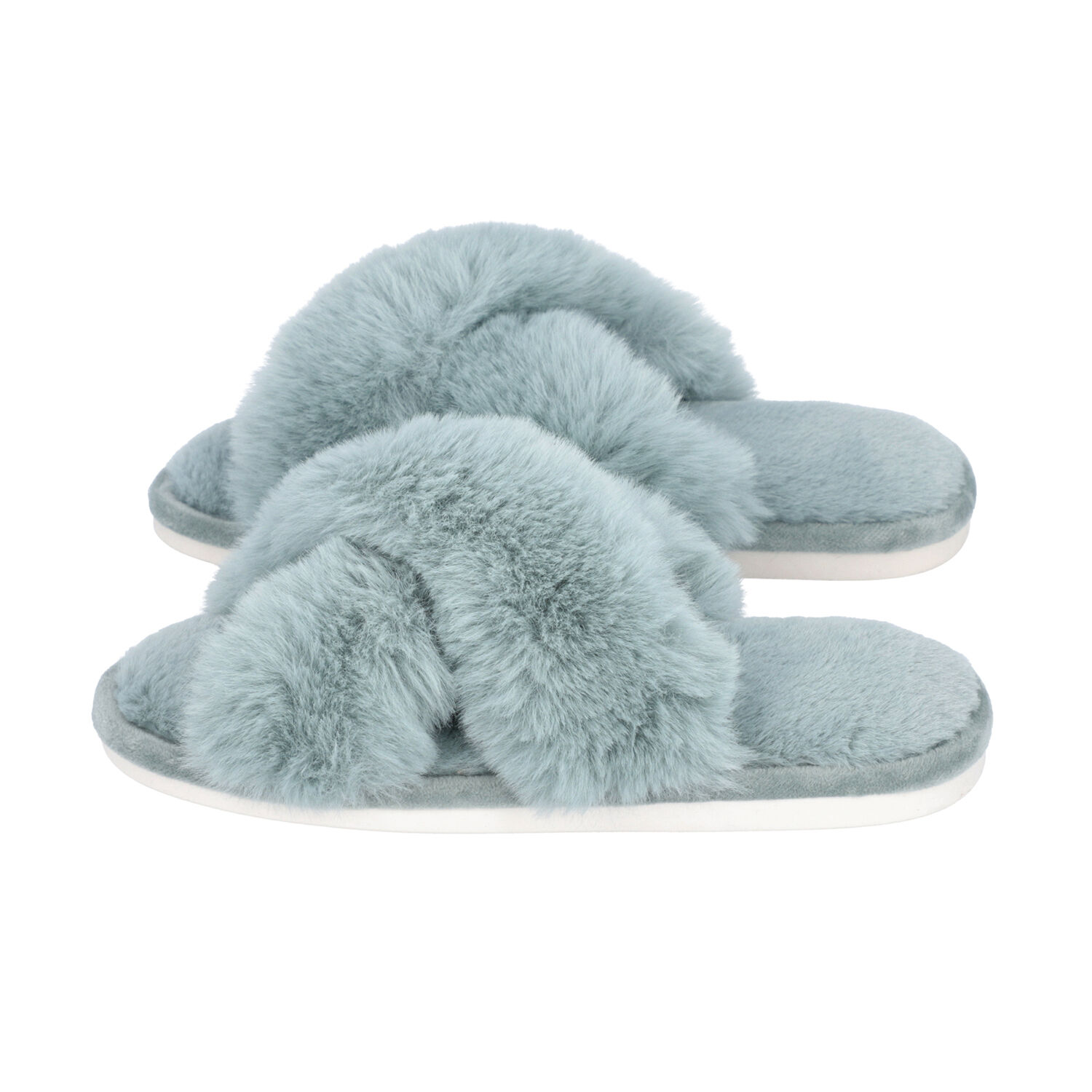 Super Soft Cross Band Faux Fur Slippers (Size L: 7-8) - Blue