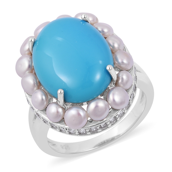 10.84 Ct Sleeping Beauty Turquoise and Multi Gemstone Halo Ring in Rhodium Plated Silver 5.01 Grams