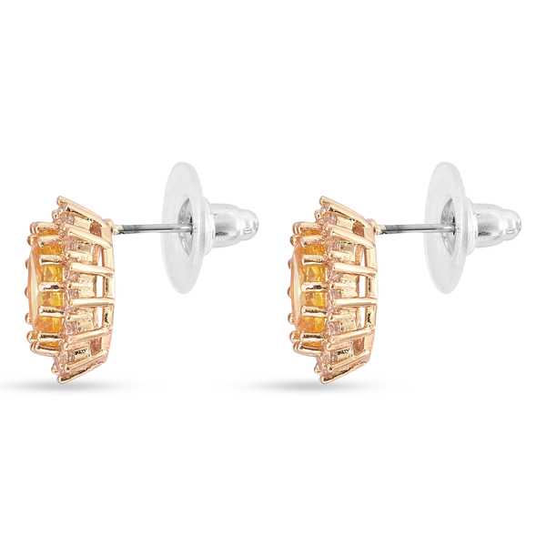 Simulated Yellow Sapphire and Simulated Diamond Halo Stud Earrings (with Push Back) in Rose Gold Tone