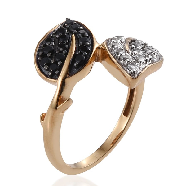 Twin Leaves Boi Ploi Black Spinel, White Topaz Crossover Silver Ring in 14K Gold Overlay 1.000 Ct.