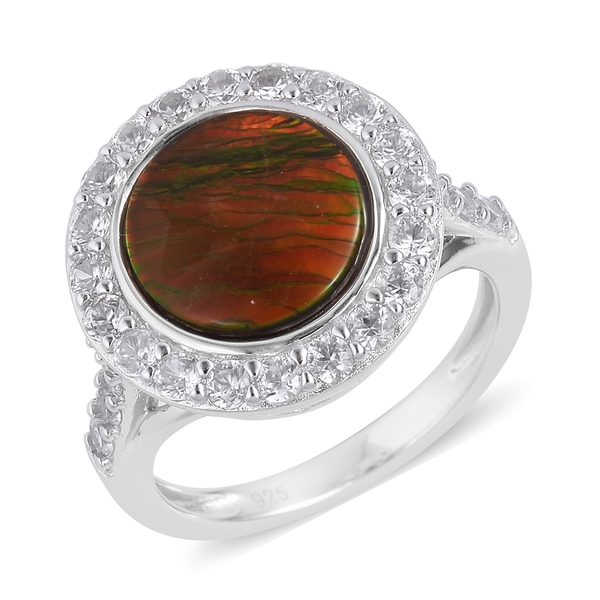 3.85 Ct AA Canadian Ammolite and Zircon Halo Ring in Rhodium Plated Silver