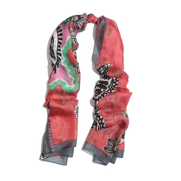 100% Mulberry Silk Black and Multi Colour Floral Pattern Red Colour Scarf (Size 180x100 Cm)