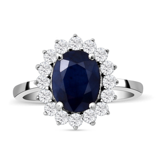 Blue Sapphire and Natural Cambodian Zircon Ring in Rhodium Overlay Sterling Silver 3.56 Ct.