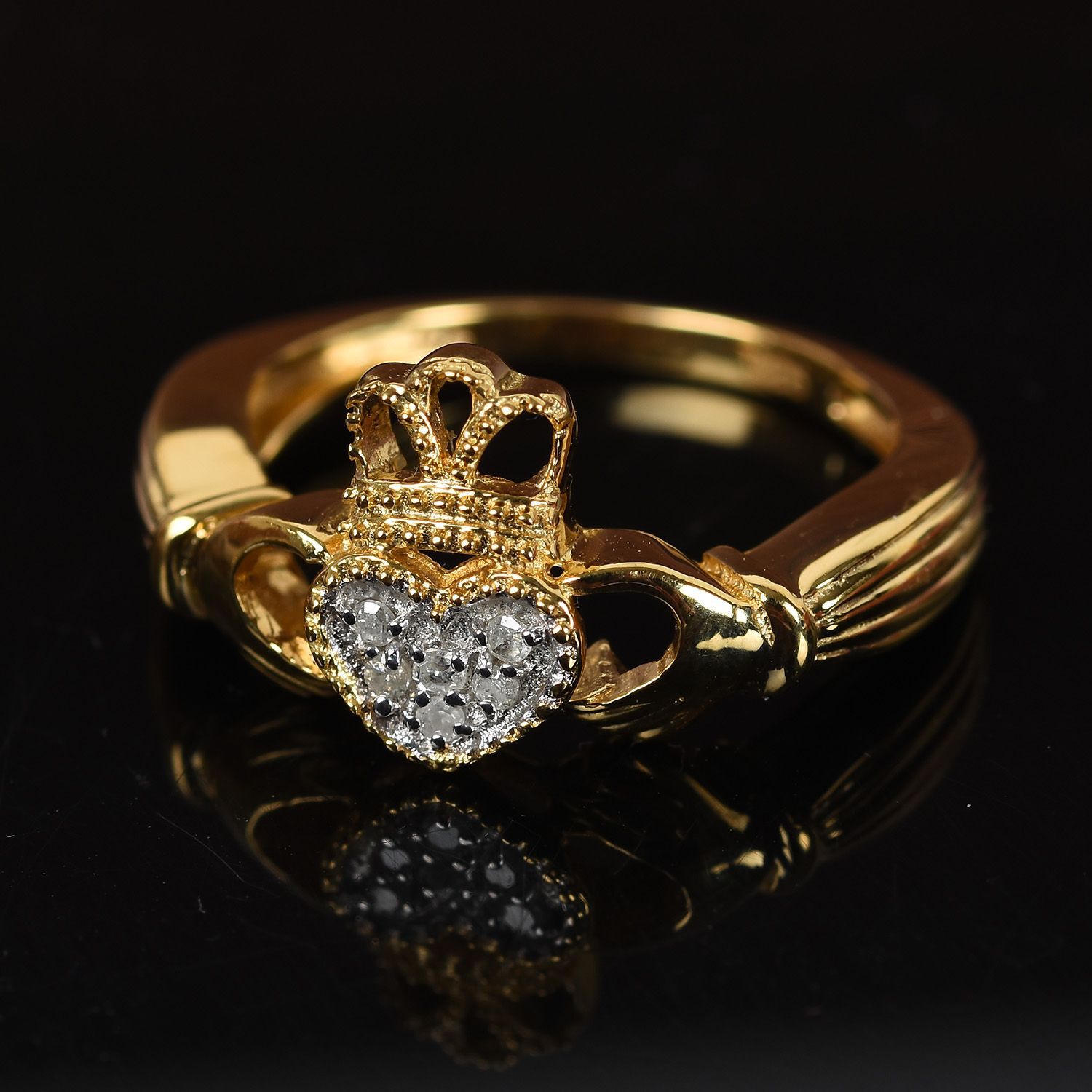 Diamond Claddagh Ring in Gold Overlay Sterling Silver.