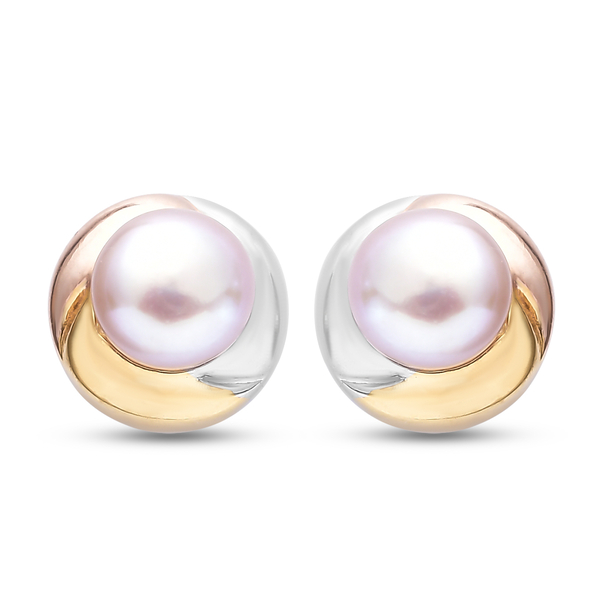 Pink Freshwater Pearl Solitaire Stud Earrings (with Push Back) in Tricolour Gold Overlay Sterling Si