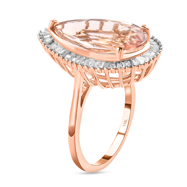 NYC Close Out-14K Rose Gold AAA Marropino Morganite (Pear 5.00 Cts) and Diamond ( 0.50 Cts Ring 5.50 Ct.