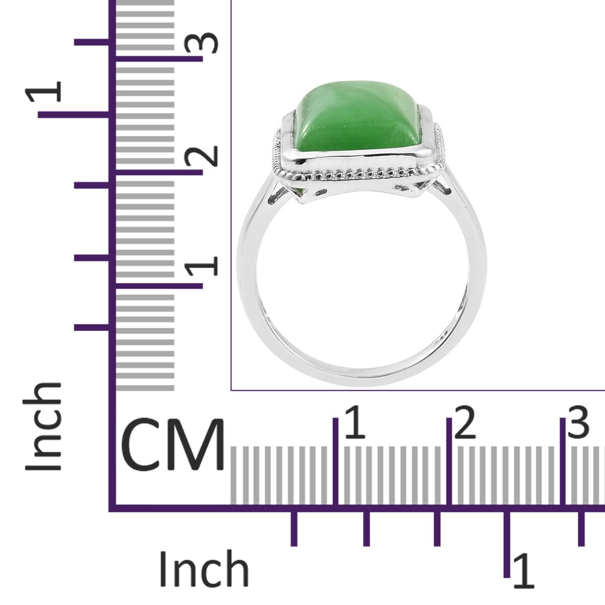 Rare Shape Green Jade (Bgt) Ring in Platinum Overlay Sterling Silver 16.500 Ct. Silver wt. 5.73 Gms.