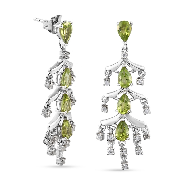 Natural Hebei Peridot and Natural Cambodian Zircon Dangle Earrings (with Push Back) in Platinum Overlay Sterling Silver 4.21 Ct, Silver wt. 6.11 Gms