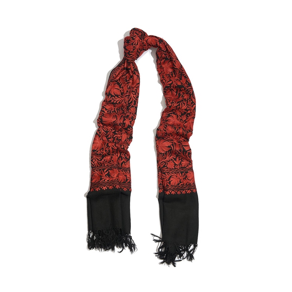 100% Merino Wool Red Colour Flowers Cashmere Hand Embroidered Shawl (Size 180x70 Cm)