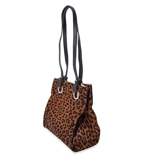 Leopard Pattern Velvet Tote Bag with Magnetic Closure (Size 29x28x12 Cm) - Brown