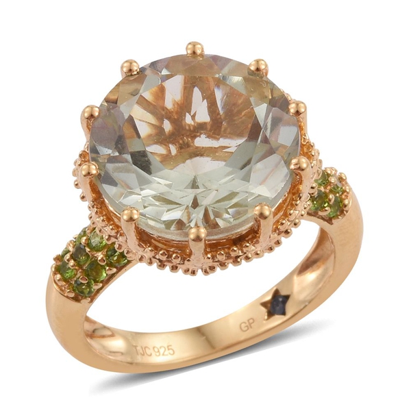 GP Green Amethyst (Rnd 8.95 Ct), Chrome Diopside and Kanchanaburi Blue Sapphire Ring in 14K Gold Ove