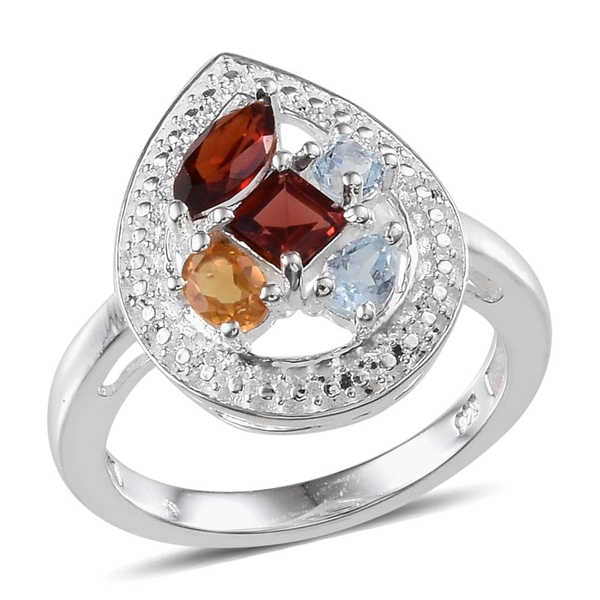 Mozambique Garnet (Sqr 0.50 Ct), Sky Blue Topaz and Citrine Ring in Sterling Silver 1.500 Ct.