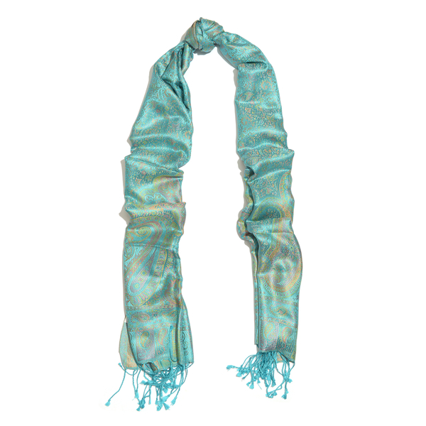 SILK MARK - 100% Superfine Silk Turquoise and Multi Colour Jacquard Scarf with Fringes (Size 180x70 Cm) (Weight 125 - 140 Grams)