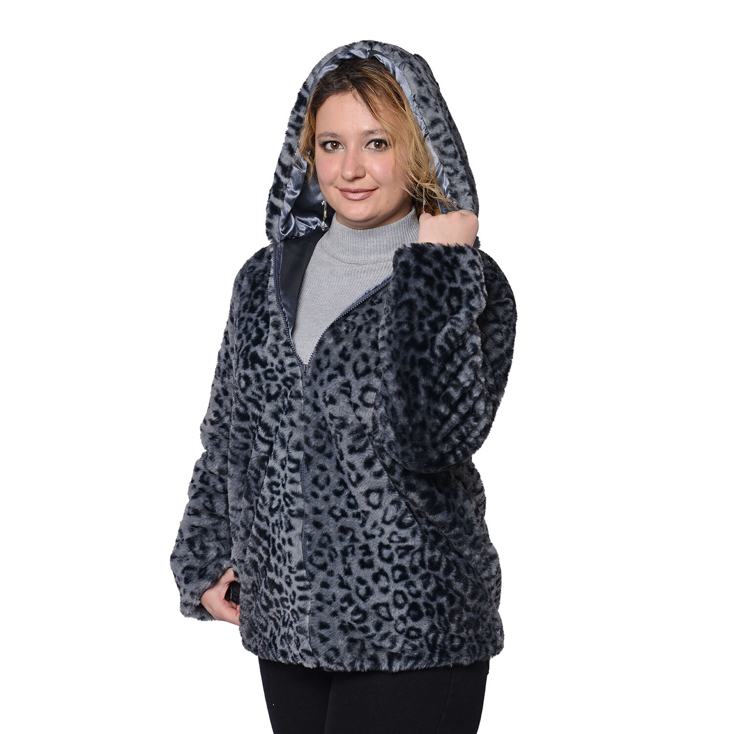 Super Soft Faux Fur Leopard Pattern Coat in Grey (Size M)