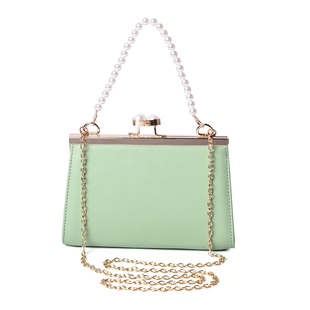 Boutique Inspired- Green Colour Clutch Closure Crossbody Bag with Dangling Pearl Chain and Metallic 