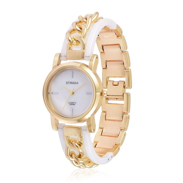 STRADA Japanese Movement MOP Dial Watch in Gold Tone with Stainless Steel Back and White Colour Stra