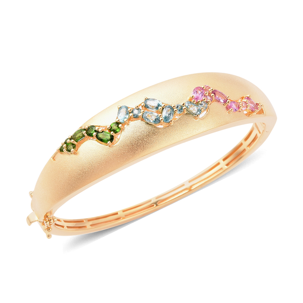 RACHEL GALLEY Sandblast Collection Blue Cambodian Zircon, Pink Sapphire, Chrome Diopside & Dendritic Opal Bangle (Size 7.5) in Yellow Gold Overlay Sterling Silver 4.85 Ct, Silver wt 32.75 Gms