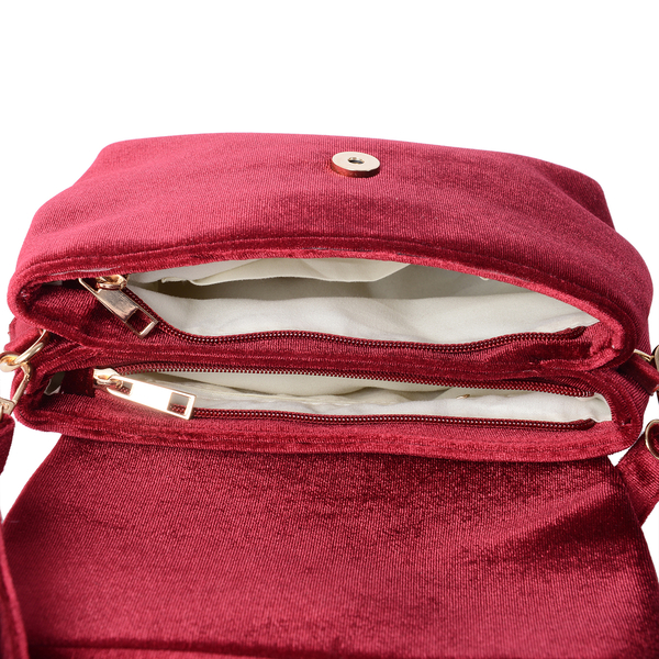 Red Colour Velvet Cross Body Bag (Size 24x17x7 Cm)