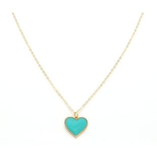 Italian Made- 9K Yellow Gold Enamelled Turquoise Heart Necklace (Size - 18)